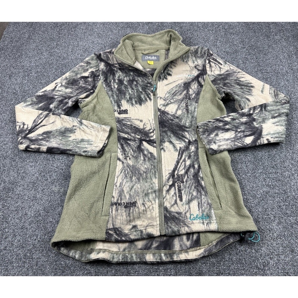 Cabelas Fleece Camo Jacket Women's Small Green Beige Lightweight Embroidered